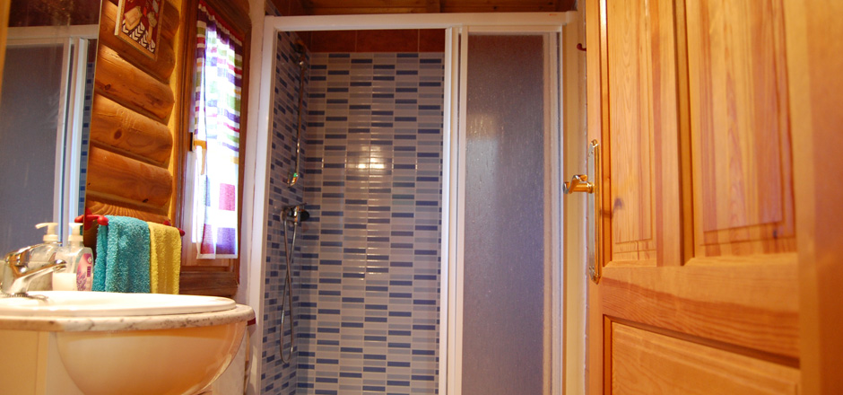 Baño completo con ducha, lavabo y wc en Casa Rural